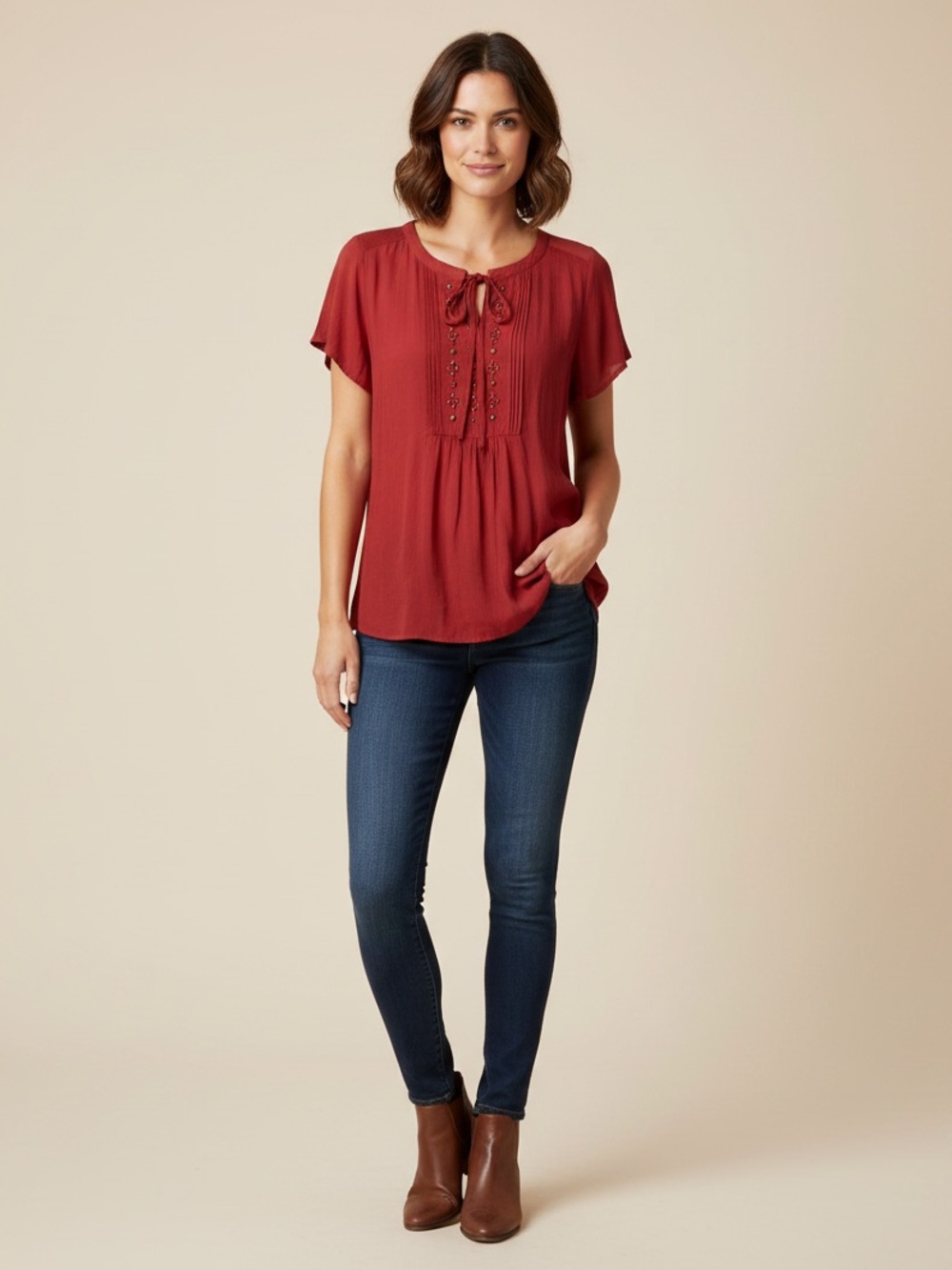 Liz Claiborne Petite Red blouse size medium petite front cutout bow tie beading